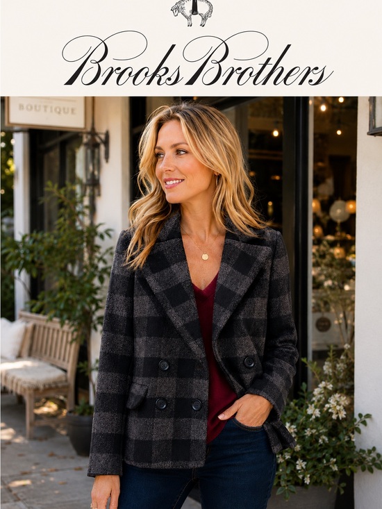 Brooks Brothers Jackets & Blazers - Brooks Brothers Women's Black & Gray Plaid Wool Double-Breasted Peacoat 0 XS